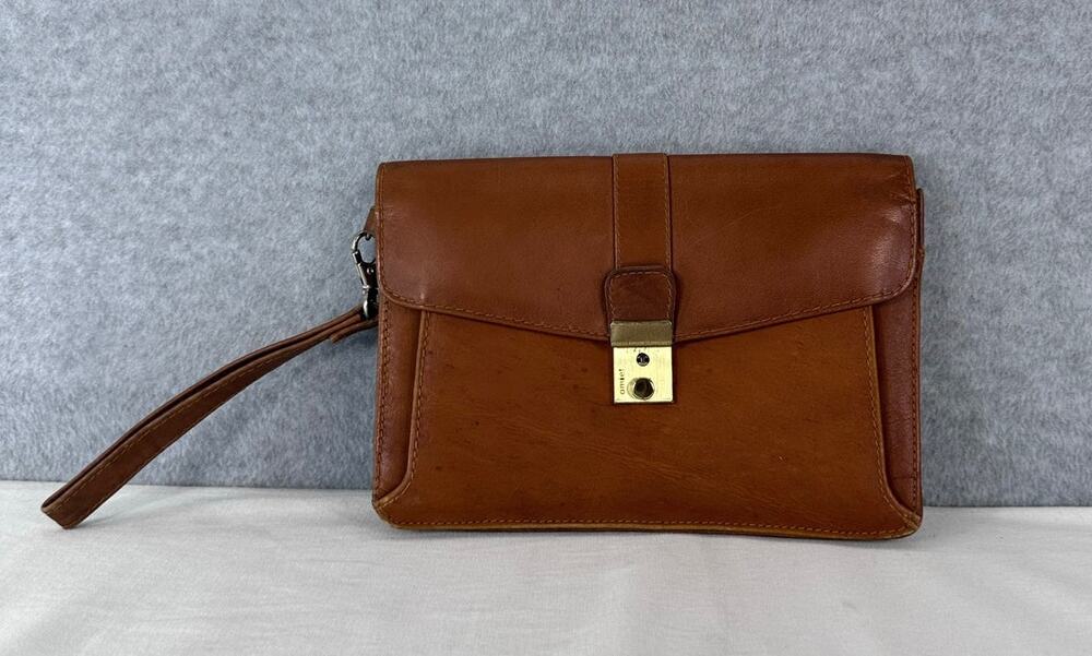 Vintage Amiet Genuine Leather Congac Brown Clutch Wristlet Envelope Style
